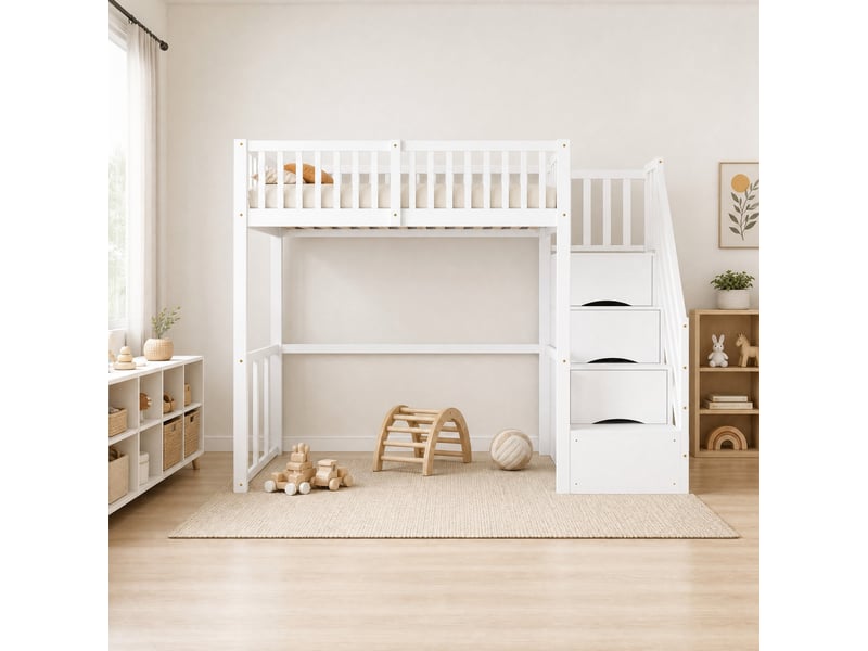  Lit mezzanine 90x200 cm, design moderne, espace de rangement, avec escalier de rangement, bois, blanc, sans matelas  - Conforama B