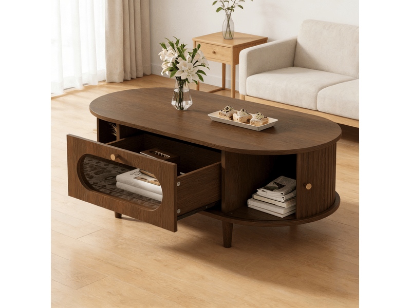  Table basse 100x50x36 cm avec tiroir et 2 portes à rideau en mdf coloris noyer  - Conforama D