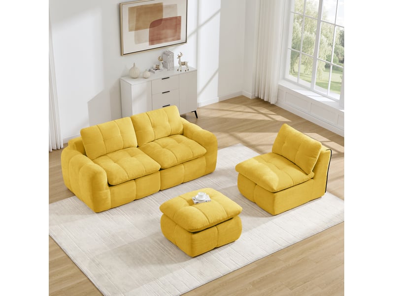  Canapé d'angle réversible 3 places modulaire avec pouf, sans cadre en chenille jaune 264 × 160 × 68 cm  - Conforama B