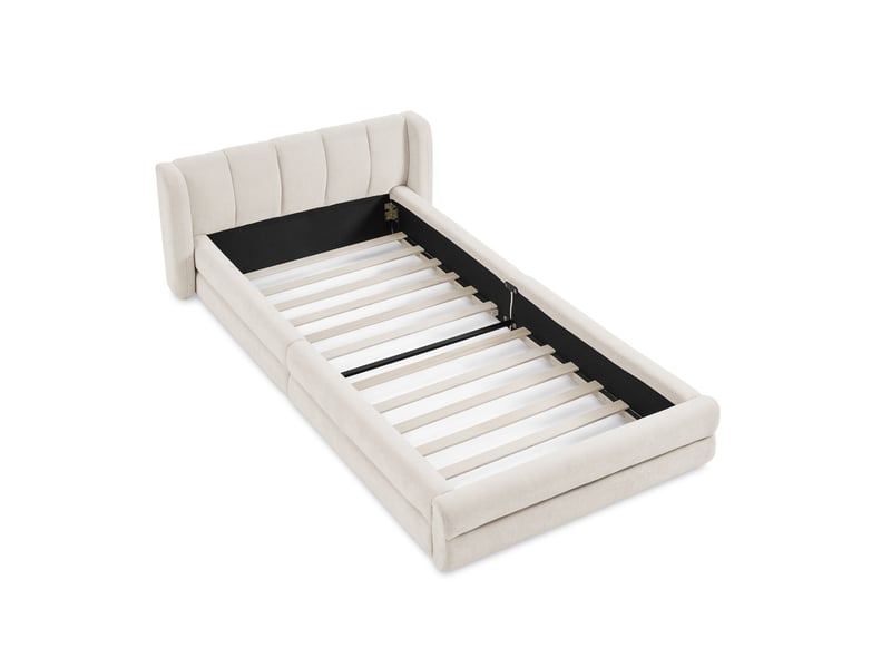  Lit simple 90x200cm confortable dossier capitonné anti-boulochage soutien renforcé mousse chenille beige sans matelas  - Conforama D