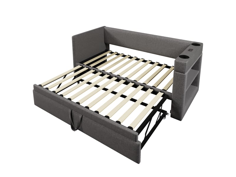  Lit banquette gigogne 90x190 cm gris, tissu lin mélangé, usb-c et porte-gobelet  - Conforama D