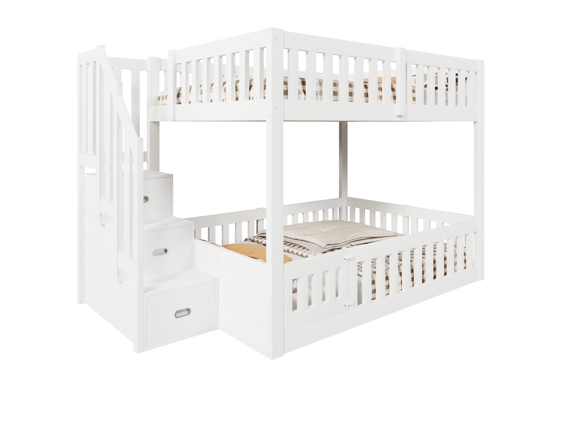 Lit superposé 140 x 200 cm avec escalier et rangement, en pin massif et mdf blanc, hauteur 130 cm - Conforama A