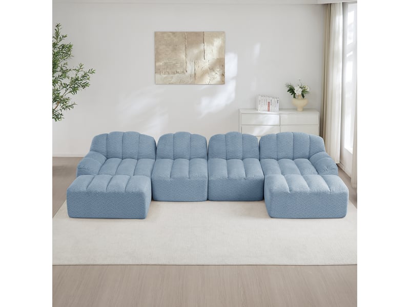  Canapé modulable en u 4 places avec 2 poufs bleu – tissu polaire granulé  - Conforama D
