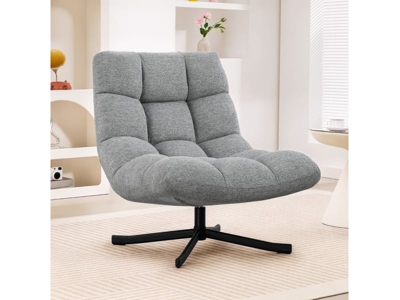  Fauteuil lounge pivotant 360° gris, assise large en polyester aspect chenille, pieds en acier thermolaqué  - Conforama B