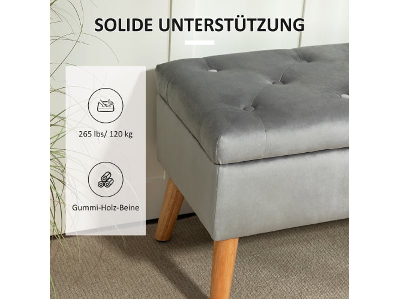  Banc coffre gris rembourré effet velours, couvercle, bois d’hévéa, 102x35x43 cm, rangement  - Conforama E