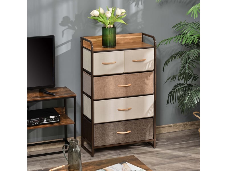  Commode avec 5 tiroirs en tissu pliables, poignées et anti-basculement pour salon et chambre, marron, 58 × 29 × 99 cm  - Conforama B