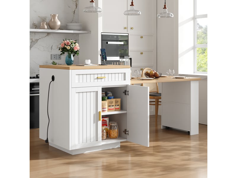 Îlot de cuisine extensible avec prise électrique intégrée, longueur réglable 121,5-192 cm, portes nervurées verticales, blanc - Conforama R