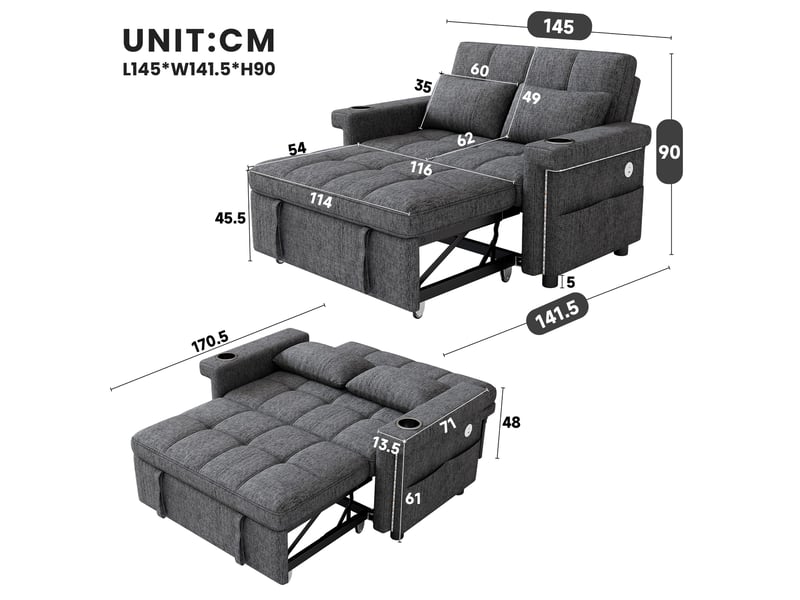  Canapé-lit 2 places 145 × 141,5 cm avec led, usb-ausb-c et dossier réglable, gris IKSETERA TRADING LTD - Conforama C