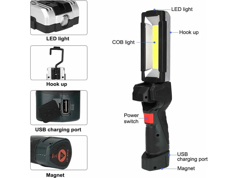 Lampe de travail cob de poche led, lampe portative d'inspection rechargeable par usb avec base magnétique - Conforama D