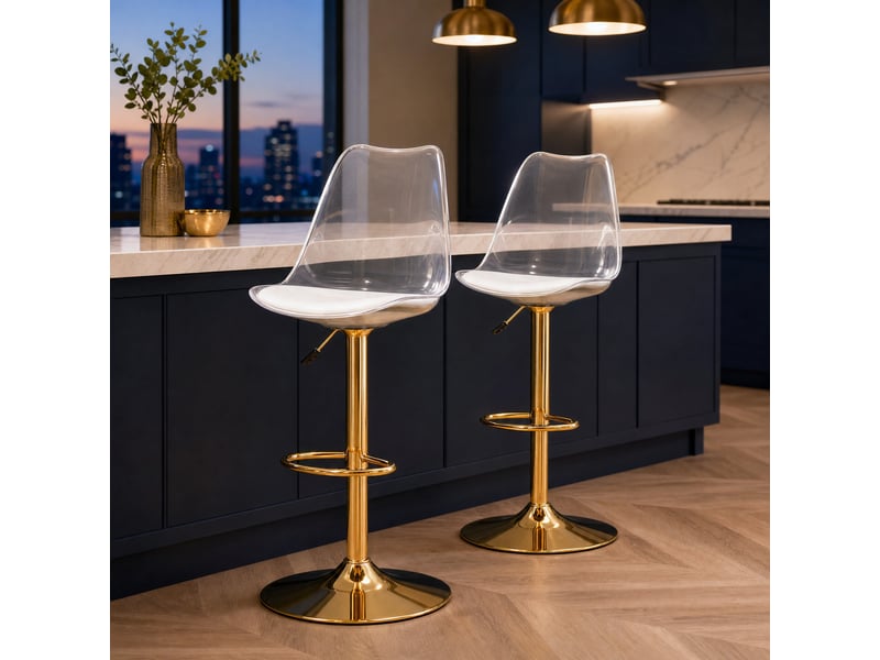  Lot de 2 tabourets de bar réglables,45,7x53,3 cm,avec dossier transparent doré,pu,blanc  - Conforama B