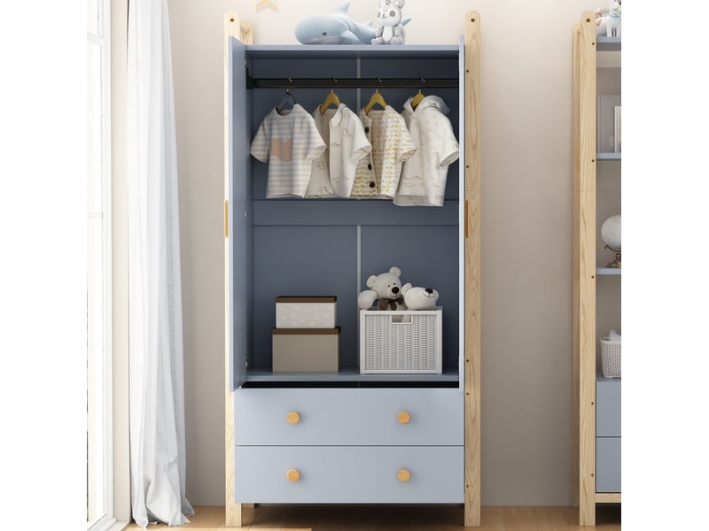 Armoire à vêtements 2 portes, avec tringle à vêtements, 2 tiroirs, pour chambre, salon, entrée, 90 x 45 x 180 cm, corps bleu et cadre en bois de pin - Conforama E