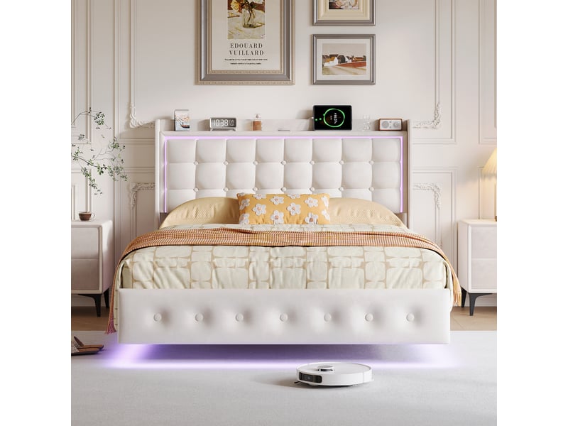 Lit double 160x200cm, tête de lit capitonnée avec port de chargement, effet flottant, velours, blanc - Conforama C
