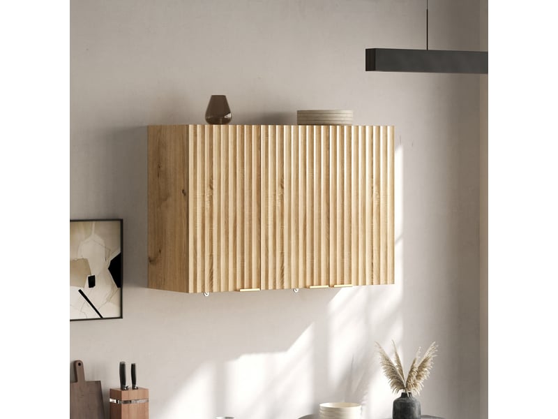  Armoire murale cuisine 3 portes meuble haut de rangement placard suspendu 90x29x60 cm naturel  - Conforama E
