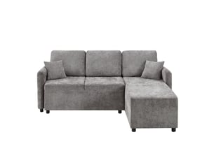 Canapé d'angle en l 3 places 188 cm en chenille gris, méridienne 144 cm et 2 coussins