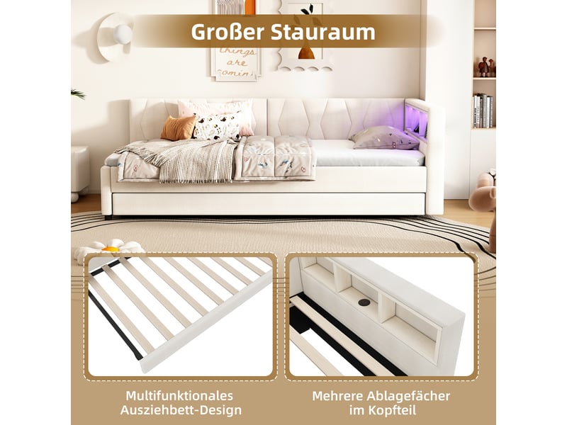  Lit banquette en lin beige 90x200 cm avec lit gigogne - rangement, led et ports usb  - Conforama E