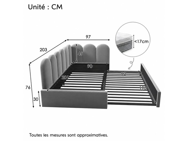  Lit banquette avec lit gigogne, côtés interchangeables, dossier rembourré et sommier à lattes, velours gris  - Conforama D