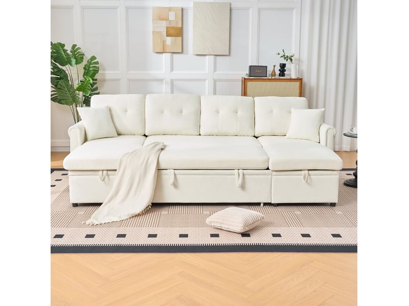 Canapé d’angle en u modenvie convertible avec coffres de rangement, 266 x 130 x 85 cm, chenille beige - Conforama B