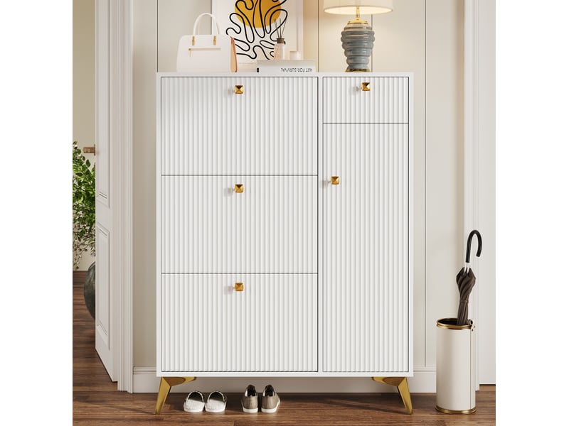 Meuble à chaussures 90x25x121 cm blanc avec 3 abattants, tiroir et porte - Conforama E