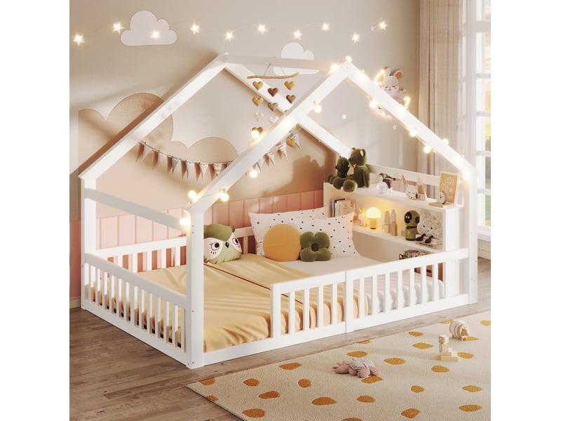 Lit enfant cabane 140 x 190 cm blanc avec barrières, étagères et perles led  - Conforama C