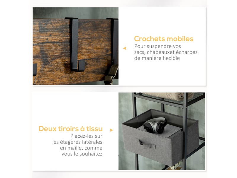 Portemanteau meuble de rangement entrée, 6 étagères 4 crochets 2 tiroirs en tissu, en acier et bois, 125 x 43 x 185,5 cm - Conforama R