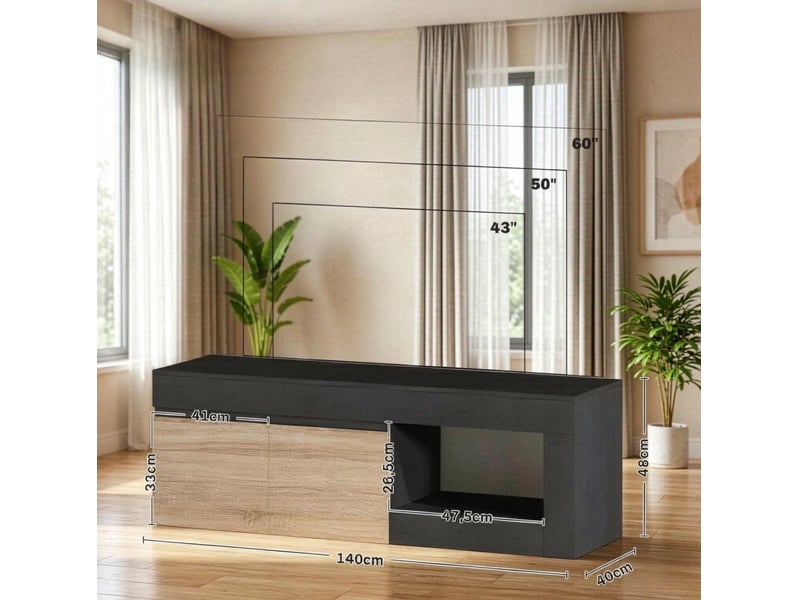  Meuble tv tcqpz 140 x 40 x 48 cm 2 portes rangement et niche ouverte noir et bois naturel  - Conforama C