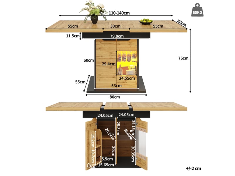  Table de cuisine rectangulaire avec allonge naturel+noir - 80x110-140max.cm led mdf table bicolore - Conforama C