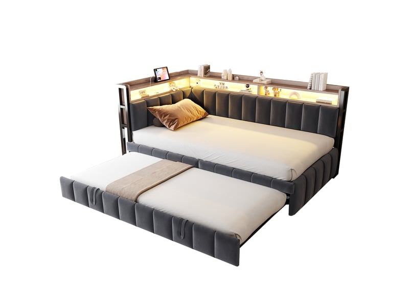  Lit banquette 90x200 cm éclairage led usb et usb-c sommier à lattes velours lit gigogne gain de place gris foncé OPULERANE TRADING LTD - Conforama A