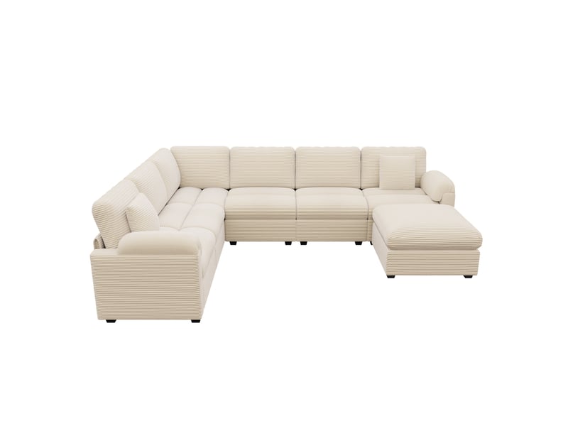 Canapé d'angle modulable 7 places en velours côtelé beige, configurable en u ou en l, avec pouf, 274,5×210,5×85,5 cm - Conforama A