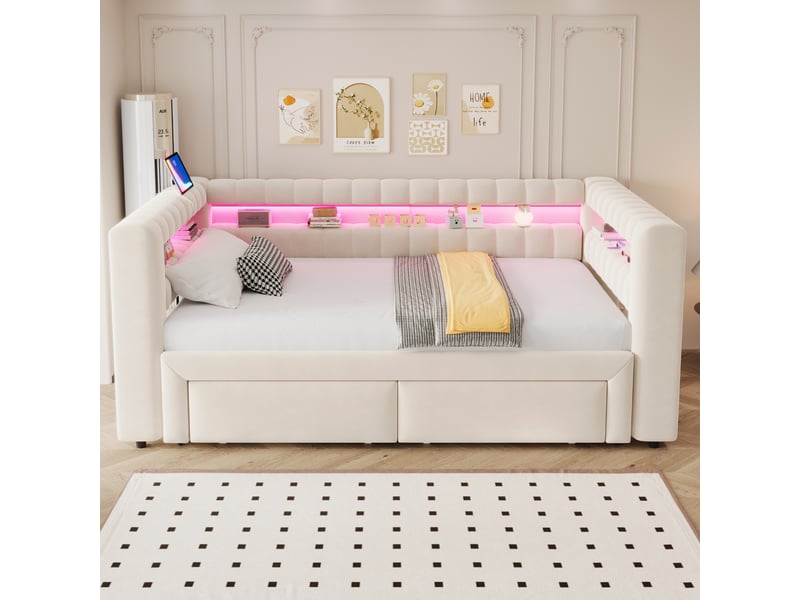  Lit convertible, 90x190 cm, évolutif 180x190 cm avec tiroirs pratiques, led, matelas non inclus, velours, coloris beige  - Conforama E