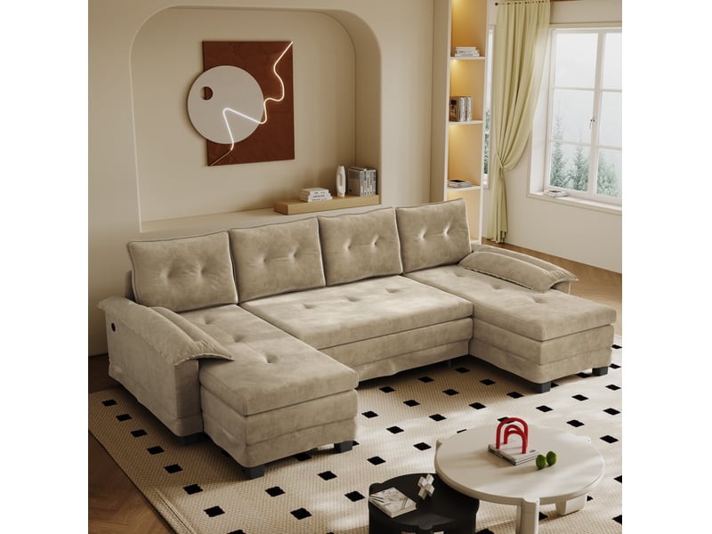  Canapé-lit modulable en u 278x127x87 cm 4 places avec usb en bois couleur kaki, design moderne, design moderne  - Conforama E
