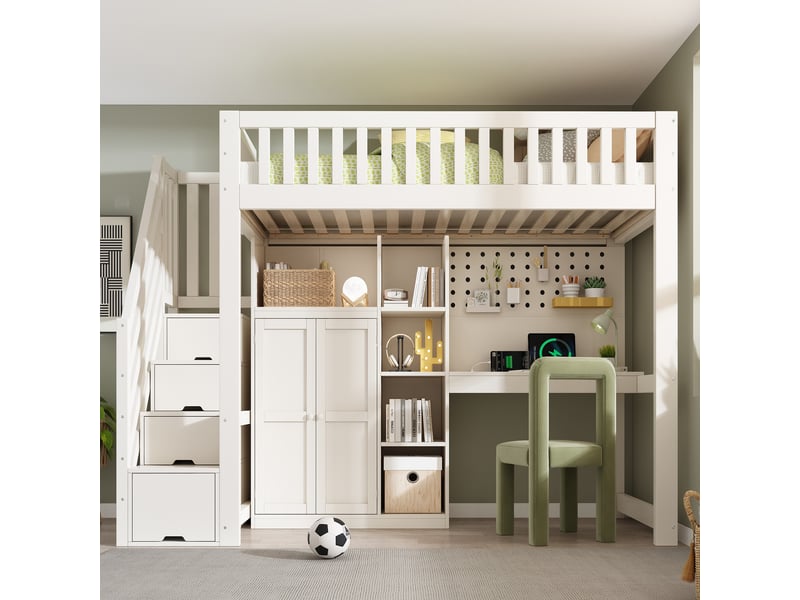  Lit mezzanine enfant 90x200 cm, bureau intégré, armoire intégrée, usb et usb-c, sommier à lattes, gain de place pour chambre - blanc  - Conforama B