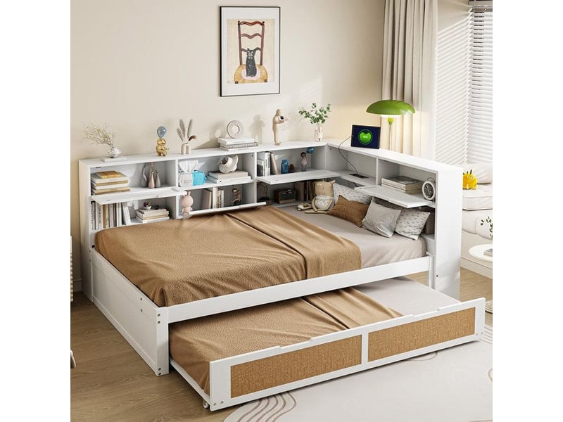  Lit combiné bois massif 140x200 avec lit gigogne lit d'enfant avec de nombreux compartiments de rangement et prise de courant  - Conforama E