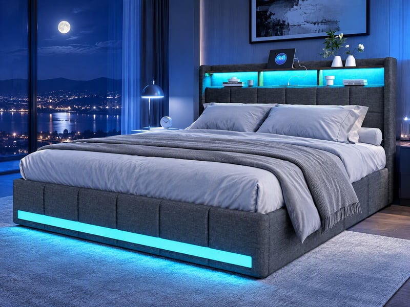  Lit double rembourré 160x200 cm avec éclairage led, lit 2 place avec 4 tiroirs et usb, sommier à lattes en bois  - Conforama B