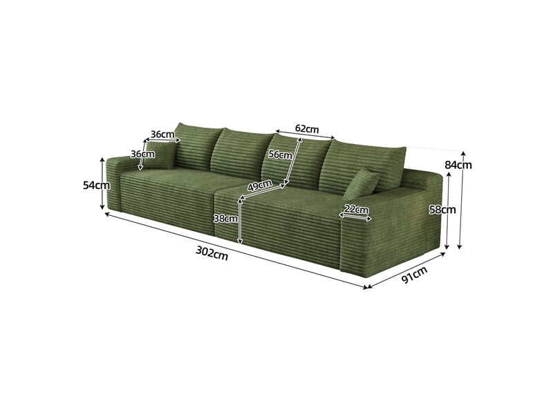 Canapé droit modulaire 302 cm sans structure ni montage, canapé-lit en mousse et velours côtelé doux, style moderne minimaliste pour salon, vert OPULERANE TRADING LTD - Conforama C
