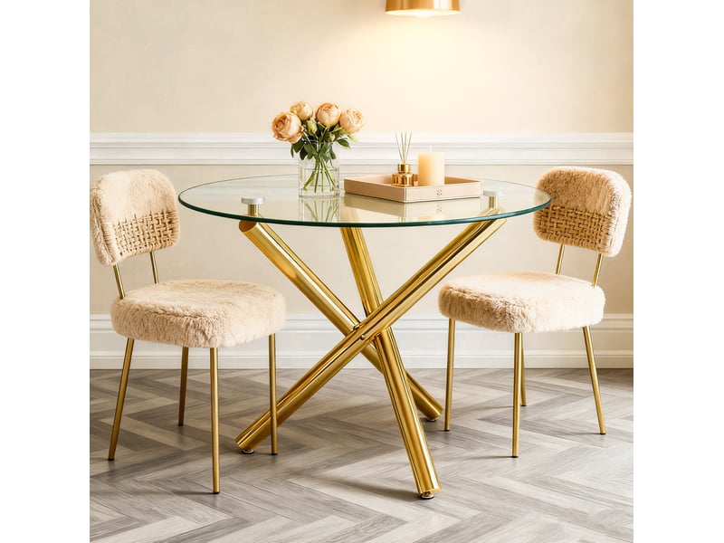  Table 2 à 4 personnes, plateau en verre trempé et métal doré  - Conforama D