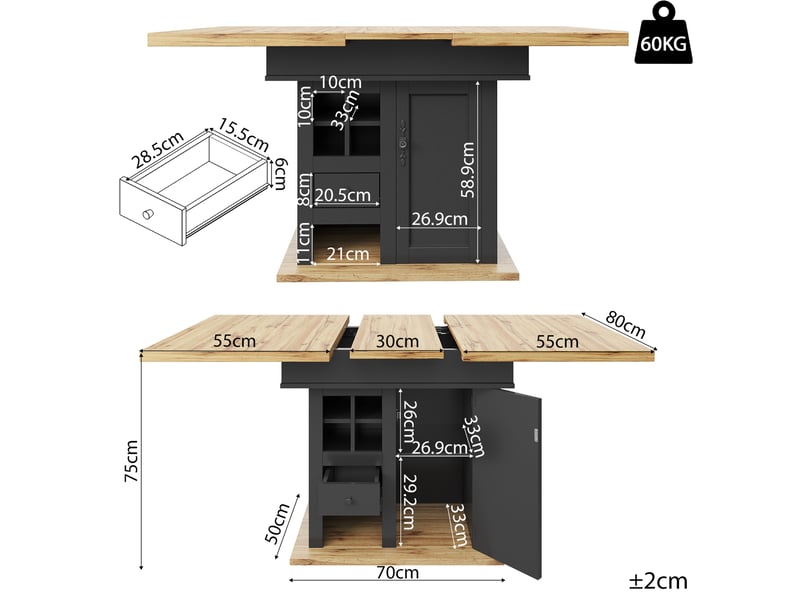 Table extensible, 110-140x80x75 cm, avec espace de rangements réglables, design moderne, mdf, coloris noir et naturel - Conforama C