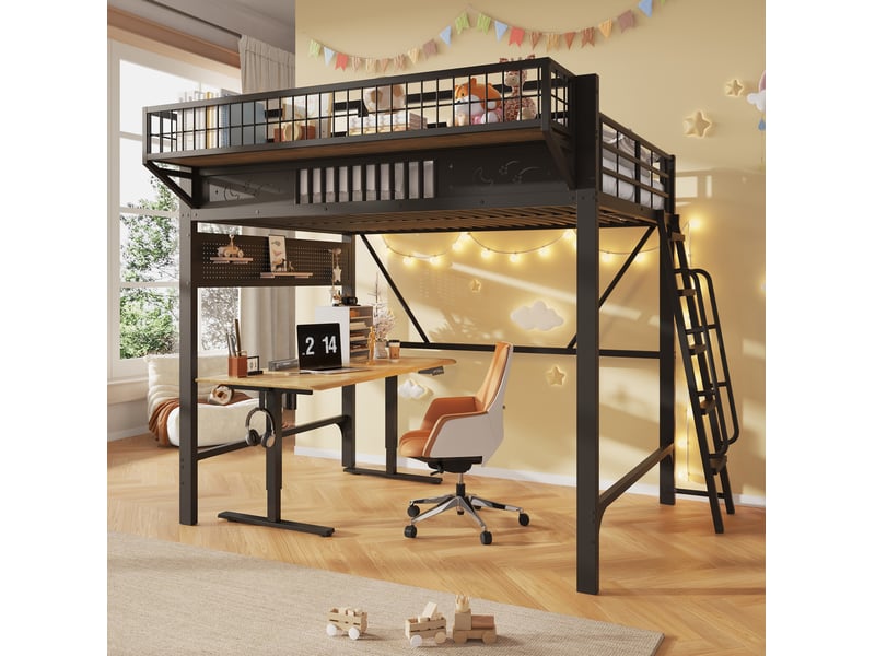  Lit mezzanine 140 × 200 cm 2 places avec rangements latéraux et espace ouvert, sans matelas, en métal noir  - Conforama B