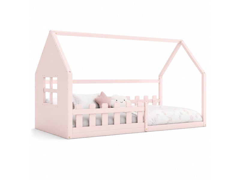 Lit cabane enfant 200×90 cm en pin et mdf rose, avec structure en forme de maison et 7 lattes - Conforama A