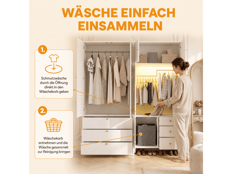  Armoire blanche 180x50x200 cm avec panier à linge intégré - dressing avec éclairage led et 6 tiroirs  - Conforama E