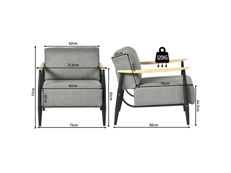  Fauteuil de salon à ressorts avec ensachés assise épaisse, accoudoirs en bois, structure en acier, gris  - Conforama C