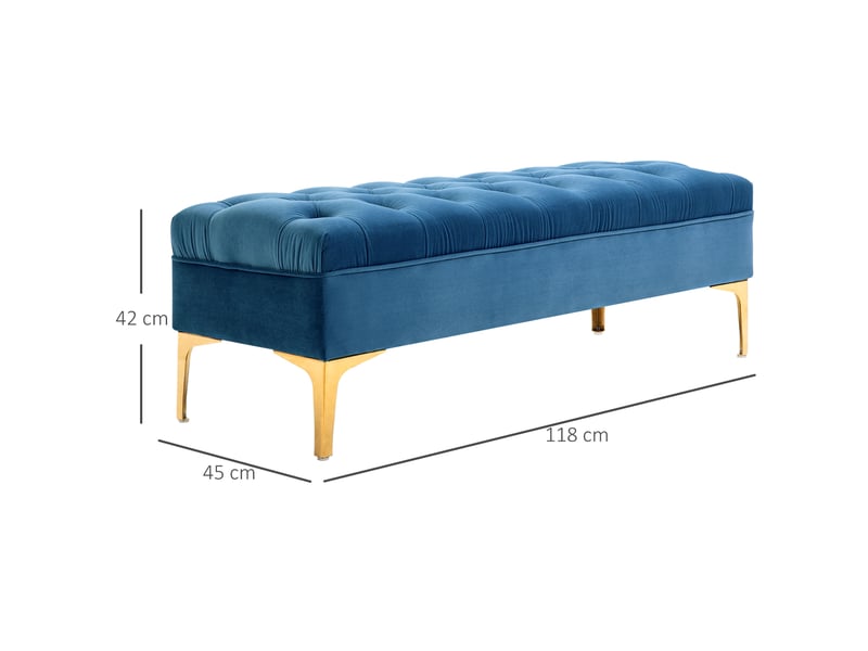  Banc capitonné avec assise en velours et piètement en métal doré, 118 x 45 x 42 cm, bleu  - Conforama E