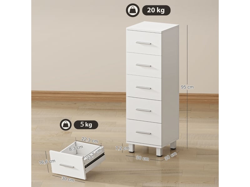  Meuble de salle de bain étroit à 5 tiroirs, unité de rangement compacte, 30 x 30 x 95 cm, blanc  - Conforama C