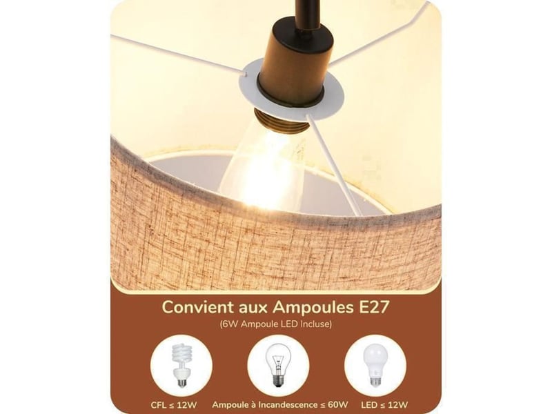  Lampadaire arc rotatif noir avec abat-jour en lin beige réglable 180° - 160 cm h - interrupteur au pied - ampoule led e27 2700k incluse 370618_AAAYE92622_6_DROPFR - Conforama C
