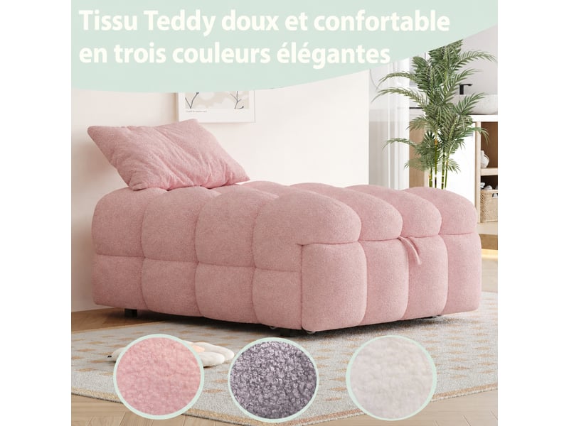 Lit banquette convertible rose en tissu bouclé, 183 x 76 x 72 cm, 2-en-1 rembourré - Conforama E