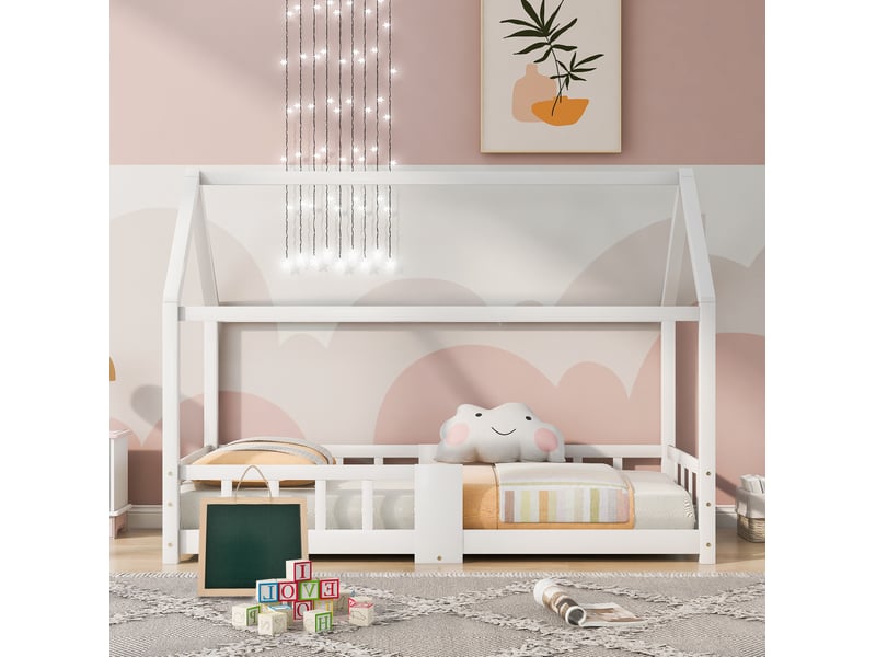  Modenvie lit cabane enfant 90x200 cm - avec tableau et sommier inclus, sans matelas - blanc  - Conforama D