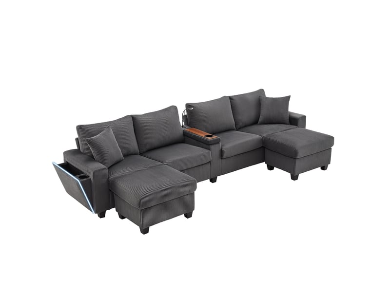  Canapé 4 places en u 334 x 128,5 x 81 cm, led, éclairage de lecture, avec 2 poufs, usb+type-c, finition velours côtelé gris  - Conforama A