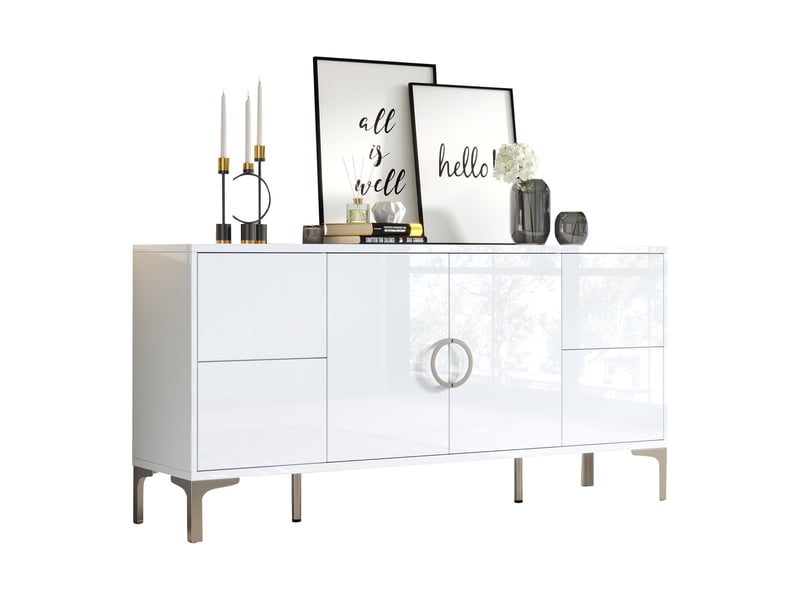 Buffet blanc laqué 150 cm meuble de rangement 4 tiroirs 2 portes mdf pieds en métal - Conforama A