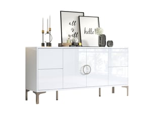 Buffet blanc laqué 150 cm meuble de rangement 4 tiroirs 2 portes mdf pieds en métal