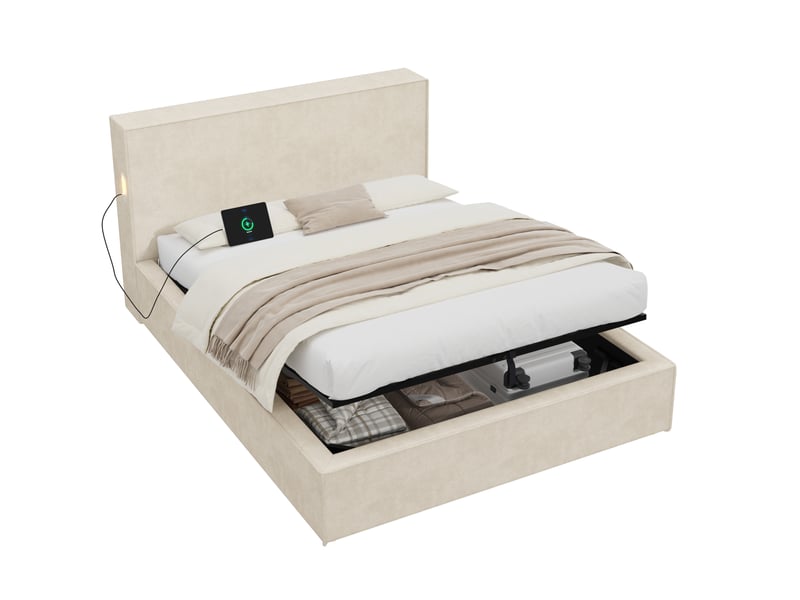  Lit coffre modenvie 120 x 200 cm hydraulique en chenille beige avec sommier à lattes  - Conforama A