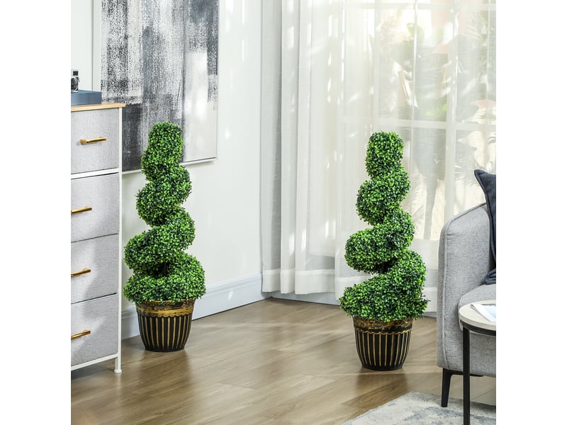  Buis spiralé, lot de 2 plantes artificielles, avec pot, 90 cm de hauteur, vert  - Conforama C